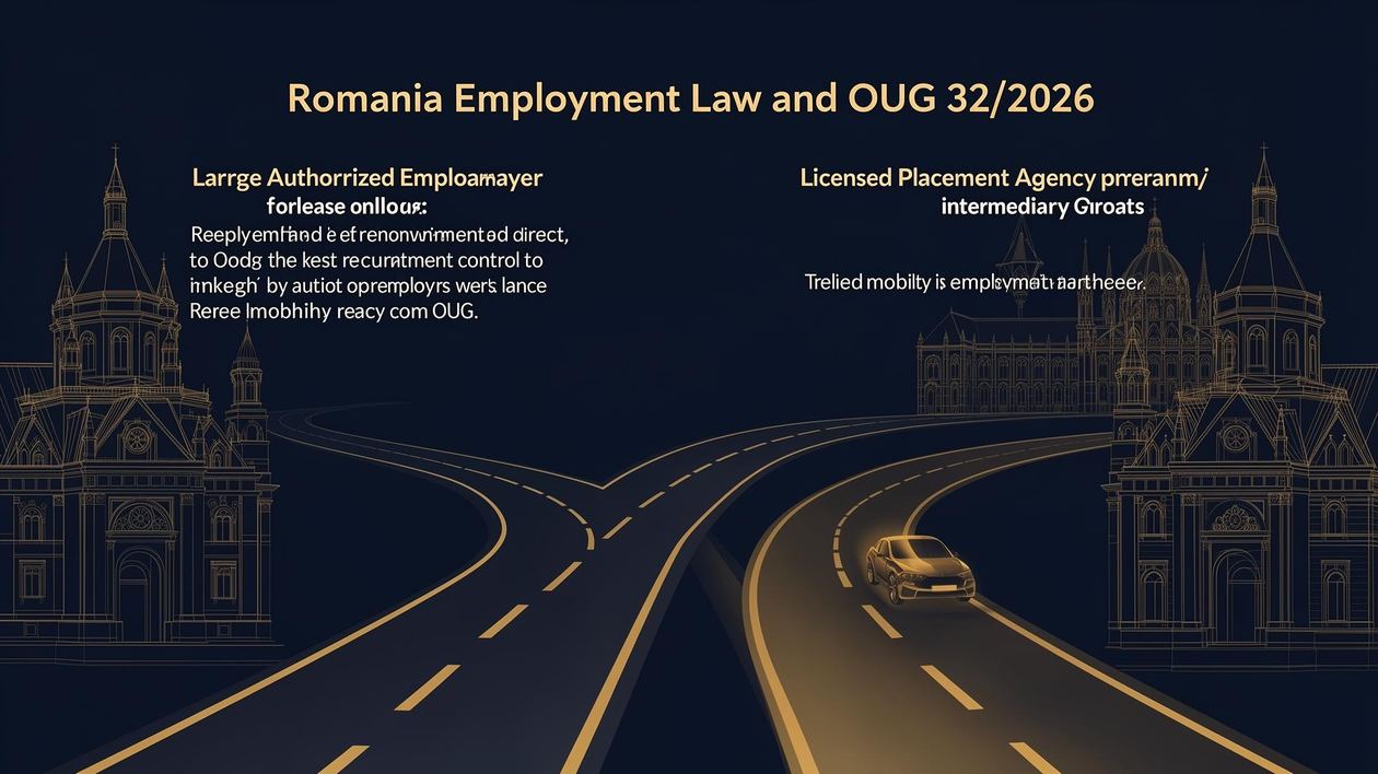 Editorial illustration showing two diverging professional routes for Romanian employers hiring foreign workers under OUG 32/2026 — direct authorisation versus licensed placement agency