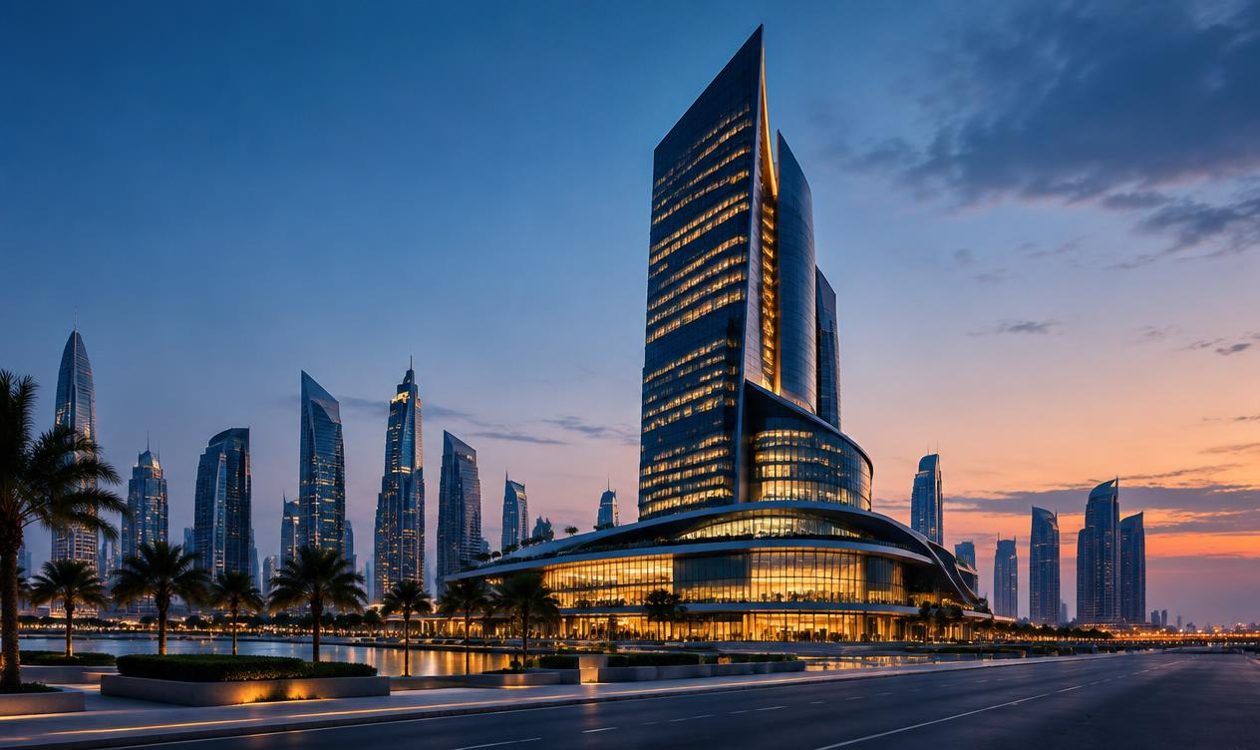 Modern Gulf business district at dusk representing a Dubai regional mobility control tower