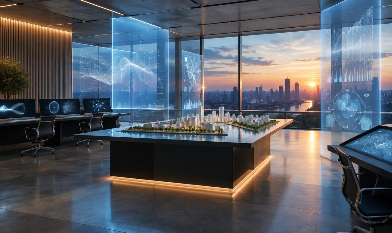 Empty mobility operations room with abstract data displays and a city model representing expertise supported by technology