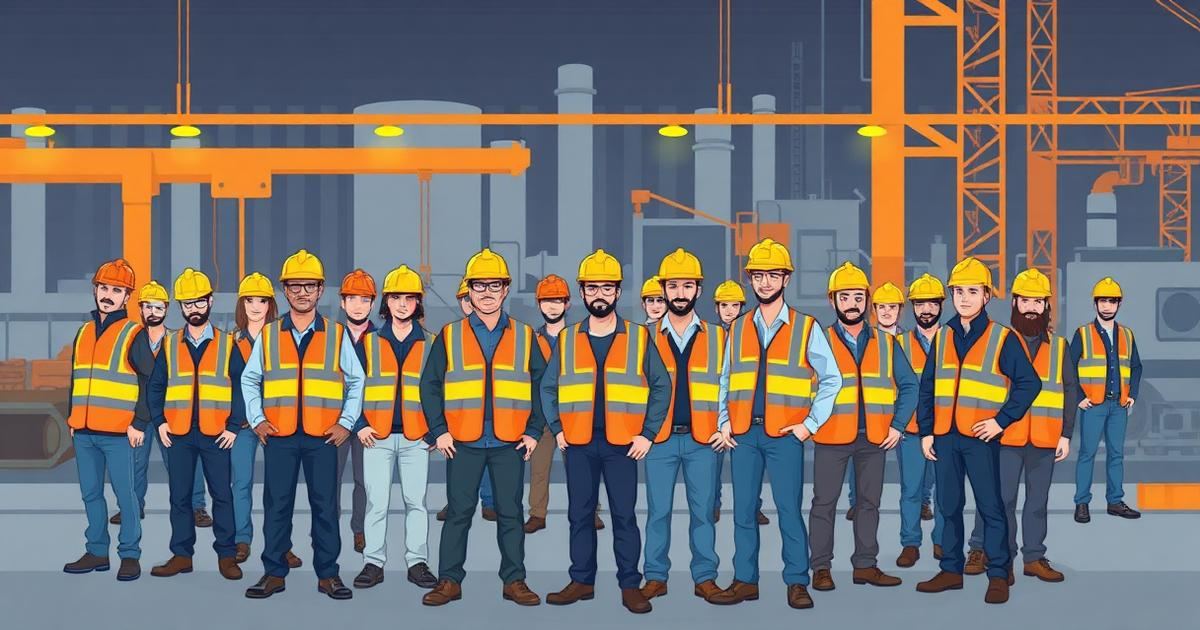 Construction site with international workers wearing safety vests and hard hats, representing the industrial scale employment regulated under Romania's 2026 sanctions framework