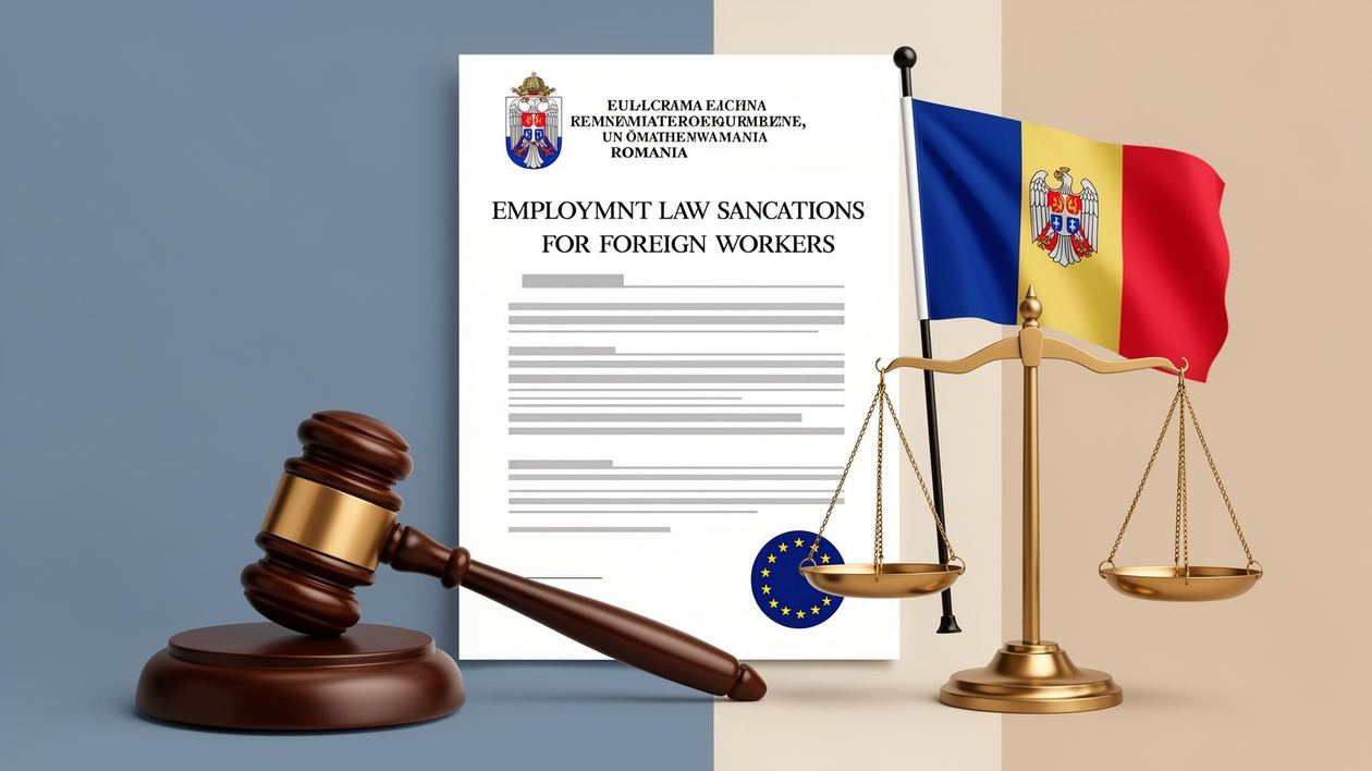 Romanian employment law document, gavel, scales of justice, and Romanian flag representing the 2026 sanctions framework for employers of foreign workers.