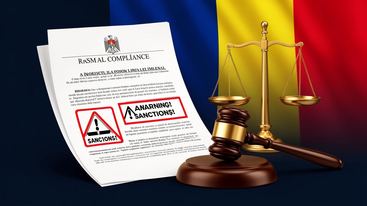 Romanian legal sanctions framework concept with government documents, gavel, and Romanian flag colours representing employer compliance obligations for foreign workers in 2026.
