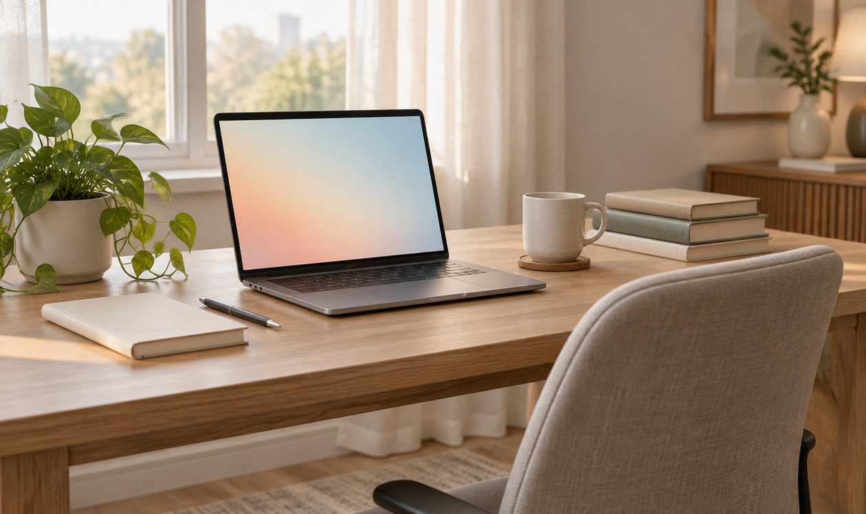 An empty desk with an open laptop, a blank notebook, a mug and a potted plant beside a window with sheer curtains
