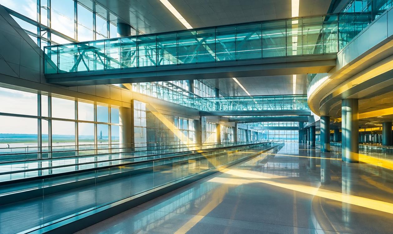 Empty modern airport concourse with glass bridges representing connected international mobility infrastructure