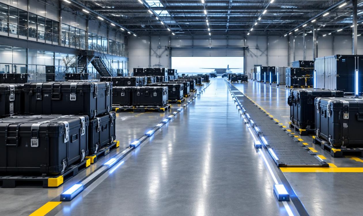 Empty logistics staging facility with equipment cases arranged for an international workforce deployment