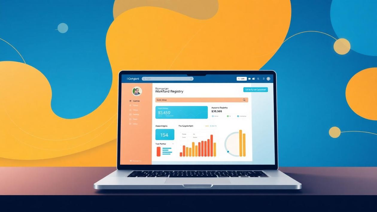 Illustration of Romania's WorkInRomania.gov.ro digital platform interface for foreign worker employment.