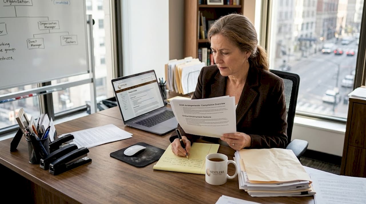 1776328672443 HR manager reviewing EOR legal documents 1 Employer of Record Service: Compliant Global Hiring Guide HR manager reviewing EOR legal documents