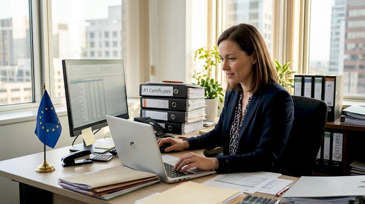 1776502641117 HR manager reviewing compliance spreadsheet How to assess social security obligations for posted employees