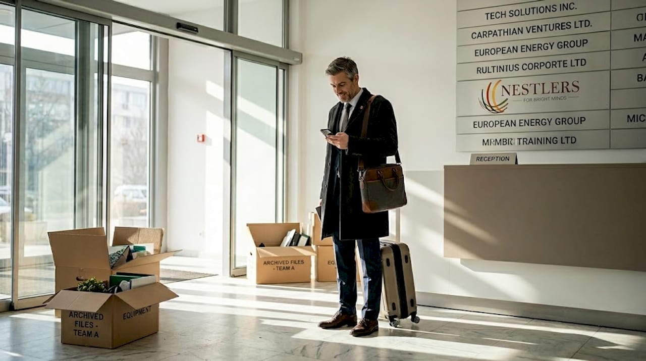 Professional with luggage entering Romanian office lobby