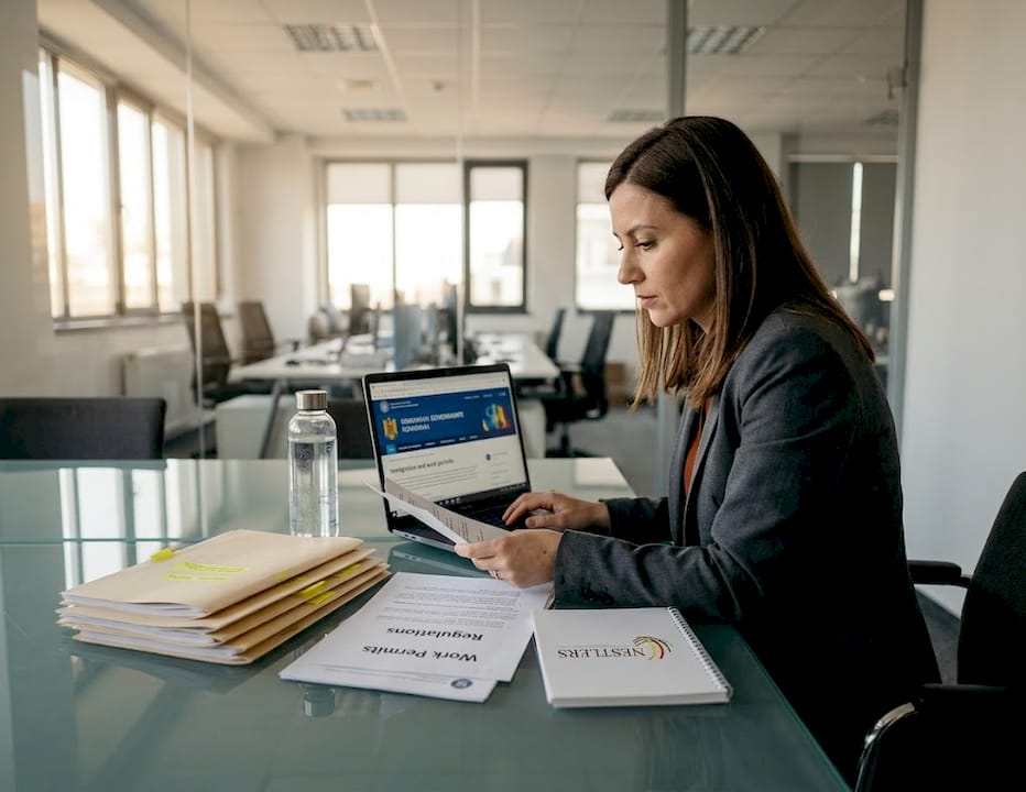 HR manager reviews Romanian work permit documents