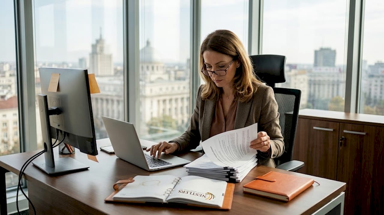 HR manager reviews Romania permit paperwork