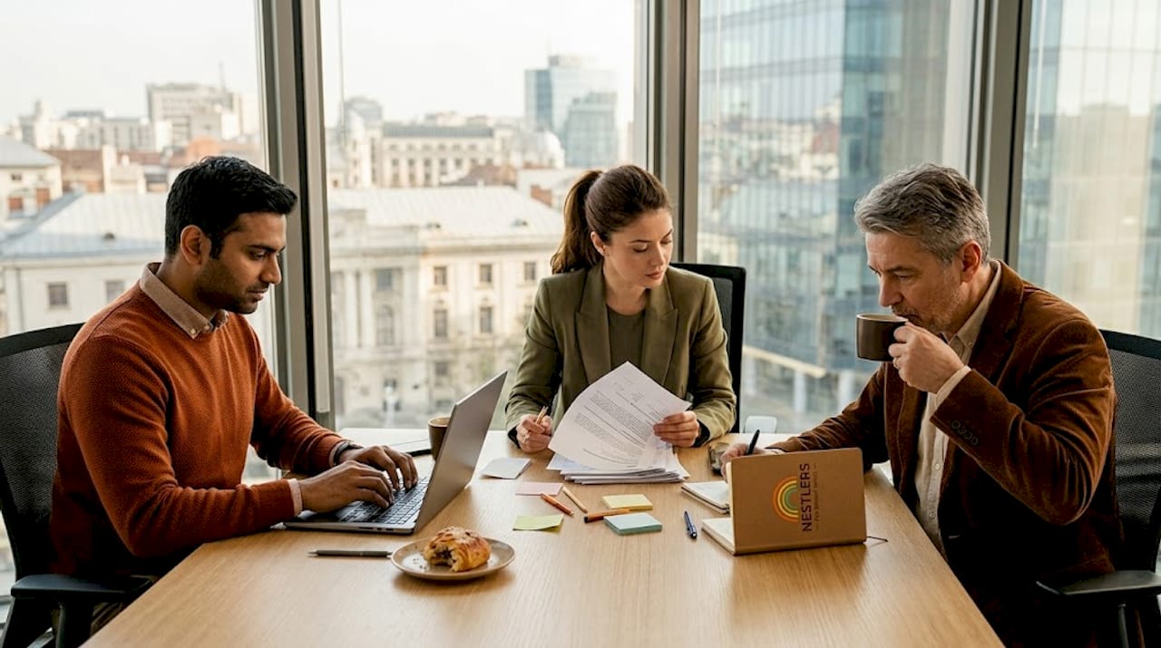 Diverse team collaborating in Romanian office