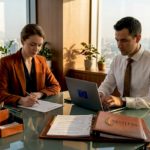 Two professionals review compliance paperwork in bright office