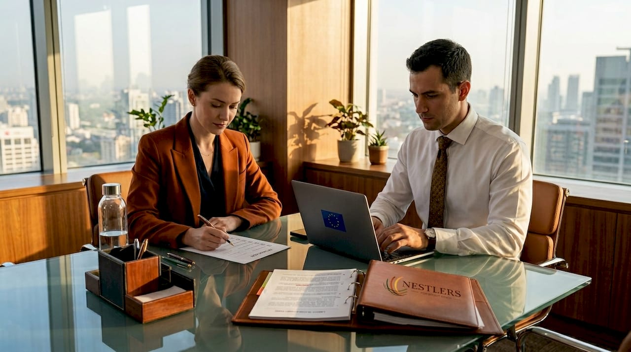 1777601068963 Two professionals review compliance paperwork in bright office 1 Why compliance in mobility matters for EU workforce success