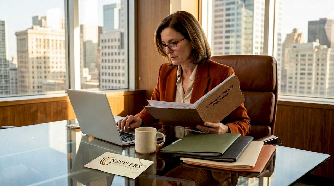 HR leader reviewing employee mobility documents