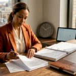 Compliance officer reviewing documents in corner office