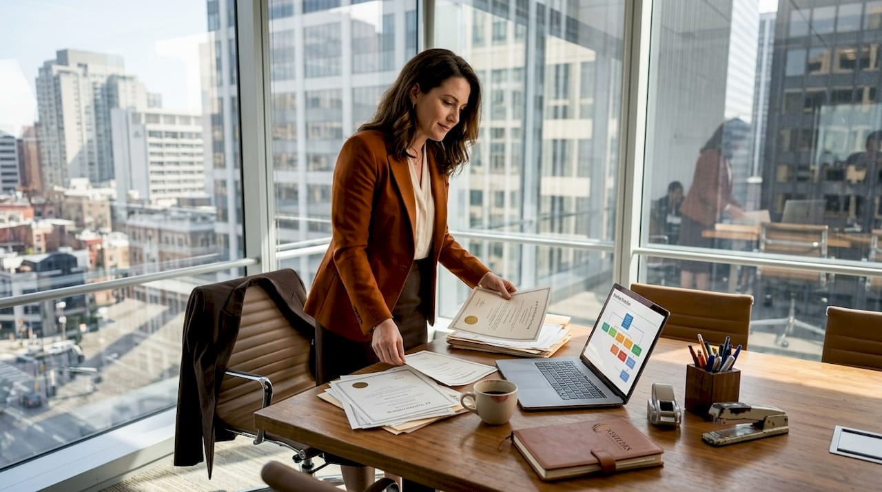 HR manager sorts papers in bright corner office