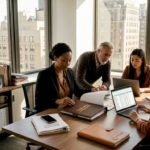 Multinational HR team confers in corner office