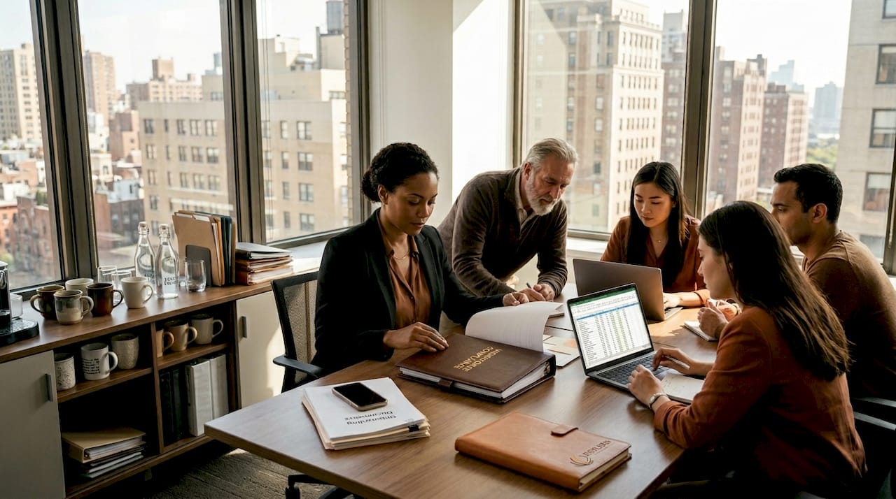 Multinational HR team confers in corner office